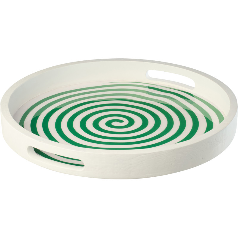 Plateau de service style méditerrannée Rond 40 cm Bois de manguier Blanc Vert Motif lignes Sorella 