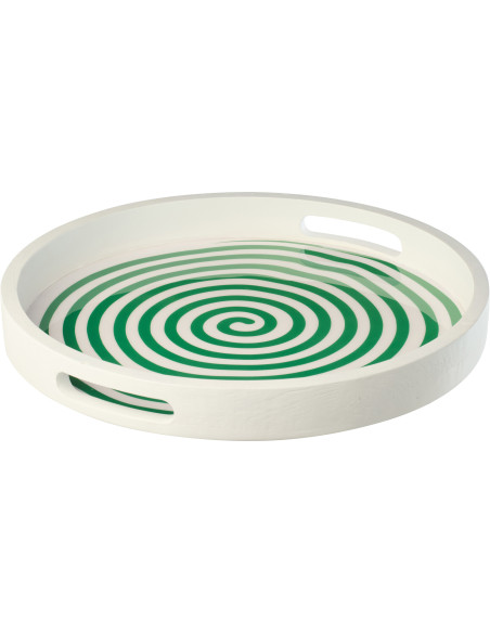 Plateau de service style méditerrannée Rond 40 cm Bois de manguier Blanc Vert Motif lignes Sorella 