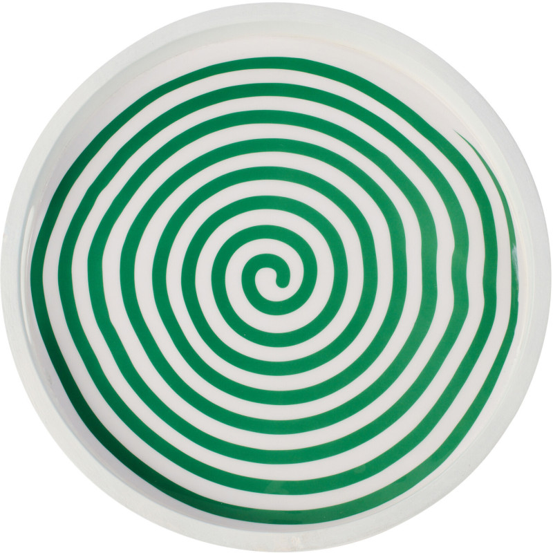 Plateau de service style méditerrannée Rond 40 cm Bois de manguier Blanc Vert Motif lignes Sorella 