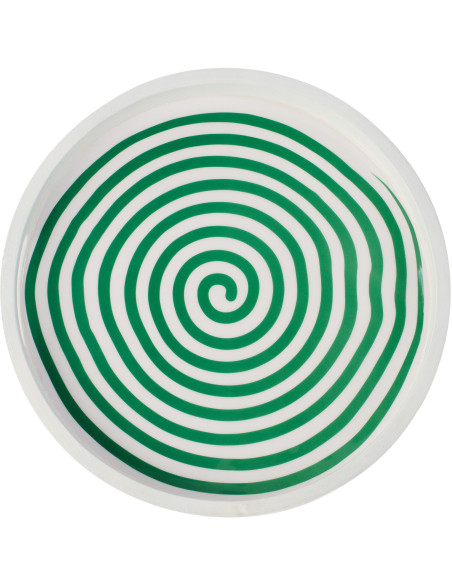 Plateau de service style méditerrannée Rond 40 cm Bois de manguier Blanc Vert Motif lignes Sorella 