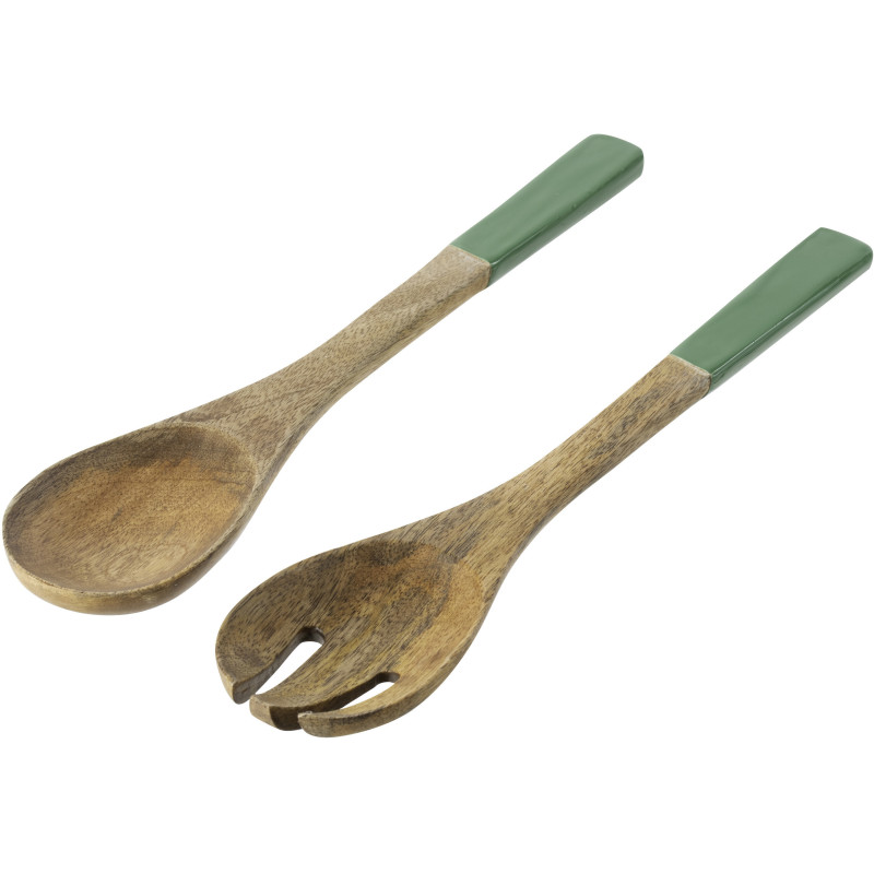 Lot de 2 Couverts à salade style méditerrannéen 33 cm Bois de manguier Naturel Vert Sorella 