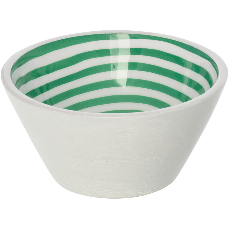 Grand Bol style méditerrannée Rond 15 cm Bois de manguier Blanc Vert Motif lignes Sorella 