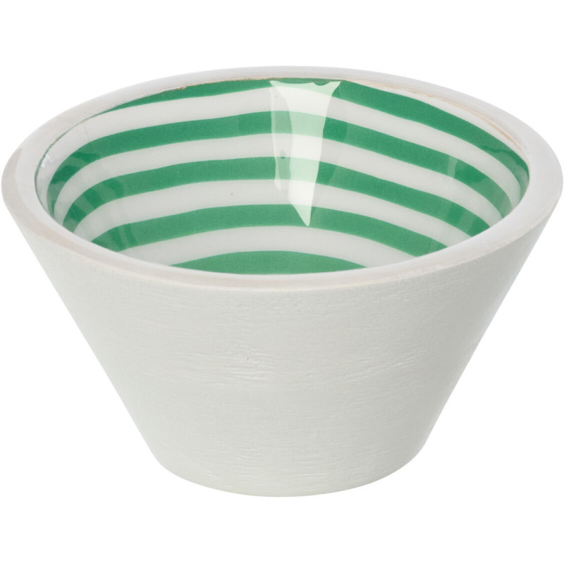 Bol style méditerrannée Rond 10 cm Bois de manguier Blanc Vert Motif lignes Sorella 