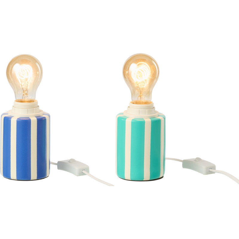 Lot de 2 Lampes de chevet design Pop H 12 cm Céramique Bleu Turquoise Blanc Motif rayures Poplino 