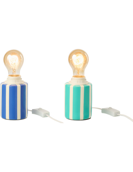 Lot de 2 Lampes de chevet design Pop H 12 cm Céramique Bleu Turquoise Blanc Motif rayures Poplino 