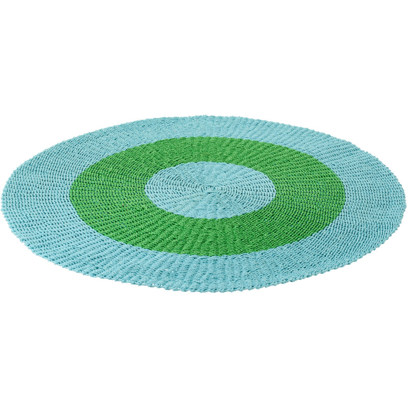 Grand Tapis extérieur style bord de mer 150 cm Raphia Bleu clair Vert Tressé Calypseo 