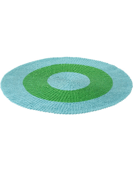 Grand Tapis extérieur style bord de mer 150 cm Raphia Bleu clair Vert Tressé Calypseo 