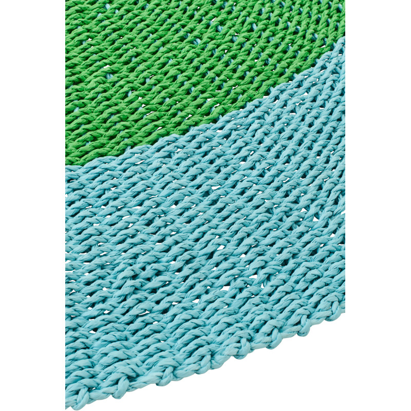 Grand Tapis extérieur style bord de mer 150 cm Raphia Bleu clair Vert Tressé Calypseo 