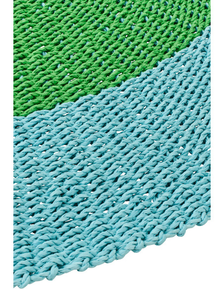 Grand Tapis extérieur style bord de mer 150 cm Raphia Bleu clair Vert Tressé Calypseo 