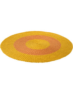 Grand Tapis extérieur style bord de mer Rond 150 cm Raphia Jaune ocre Orange Tressé Calypseo 