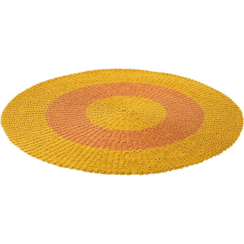 Grand Tapis extérieur style bord de mer Rond 150 cm Raphia Jaune ocre Orange Tressé Calypseo 