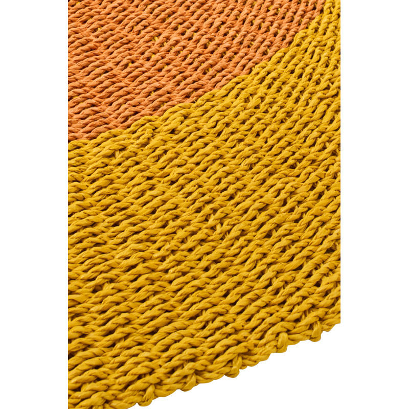 Grand Tapis extérieur style bord de mer Rond 150 cm Raphia Jaune ocre Orange Tressé Calypseo 