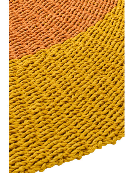 Grand Tapis extérieur style bord de mer Rond 150 cm Raphia Jaune ocre Orange Tressé Calypseo 