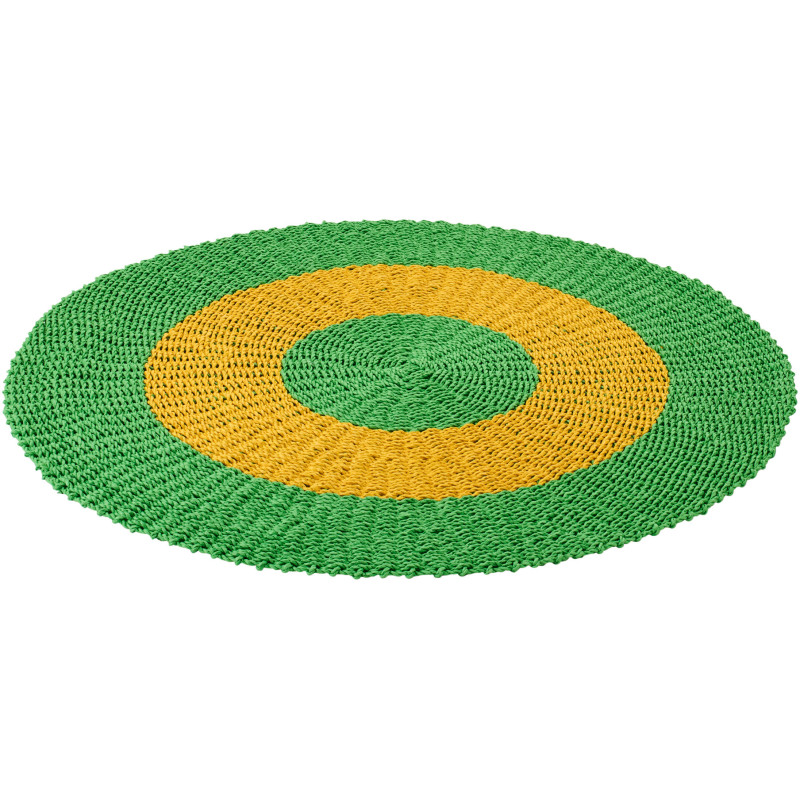 Tapis extérieur style bord de mer Rond 120 cm Raphia Vert Jaune ocre Tressé Calypseo 
