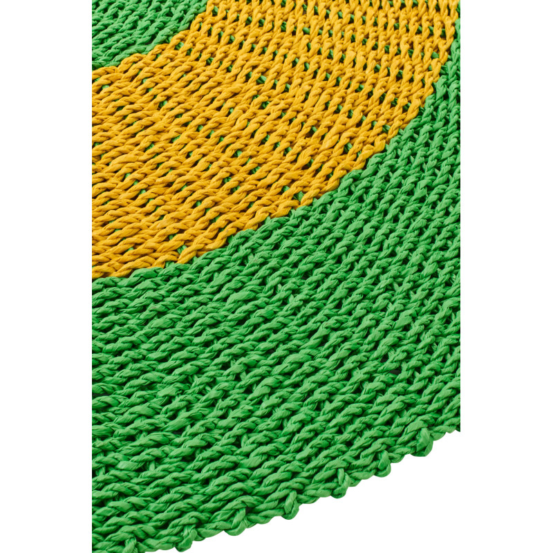 Tapis extérieur style bord de mer Rond 120 cm Raphia Vert Jaune ocre Tressé Calypseo 