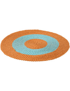 Tapis extérieur style bord de mer Rond 120 cm Raphia Orange Bleu clair Tressé Calypseo 