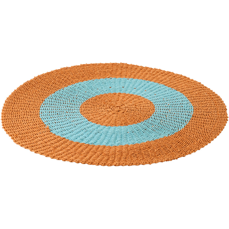 Tapis extérieur style bord de mer Rond 120 cm Raphia Orange Bleu clair Tressé Calypseo 