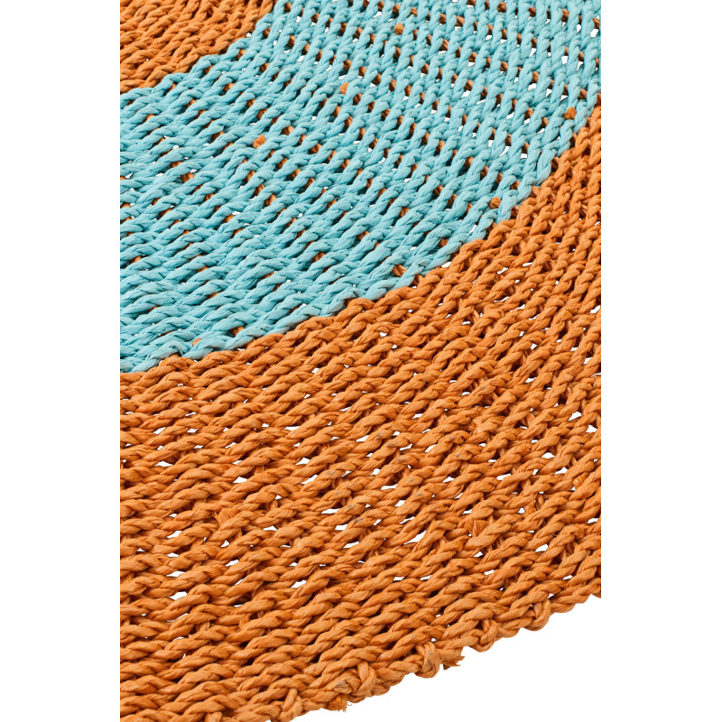 Tapis extérieur style bord de mer Rond 120 cm Raphia Orange Bleu clair Tressé Calypseo 