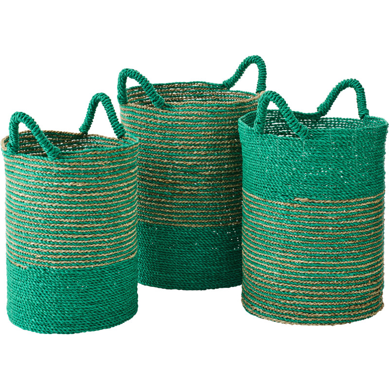 Lot de 3 Paniers de rangement bohème avec anses Raphia Vert foncé Naturel Tressé Motif lignes Jangala 