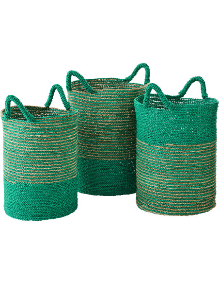 Lot de 3 Paniers de rangement bohème avec anses Raphia Vert foncé Naturel Tressé Motif lignes Jangala 