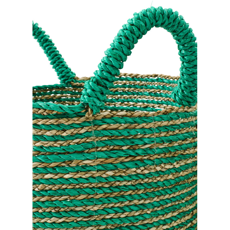 Lot de 3 Paniers de rangement bohème avec anses Raphia Vert foncé Naturel Tressé Motif lignes Jangala 