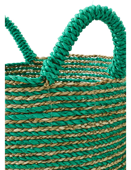 Lot de 3 Paniers de rangement bohème avec anses Raphia Vert foncé Naturel Tressé Motif lignes Jangala 