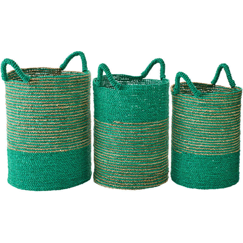 Lot de 3 Paniers de rangement bohème avec anses Raphia Vert foncé Naturel Tressé Motif lignes Jangala 