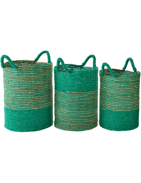 Lot de 3 Paniers de rangement bohème avec anses Raphia Vert foncé Naturel Tressé Motif lignes Jangala 