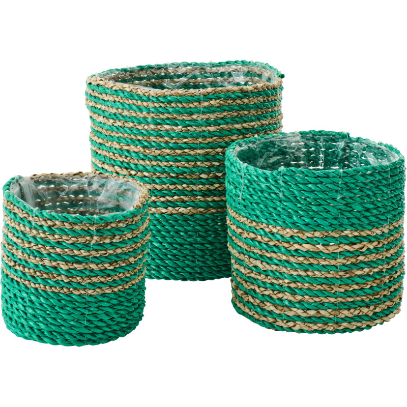 Lot de 3 Cache-pots bohème Raphia Vert foncé Naturel Tressé Motif lignes Jangala 