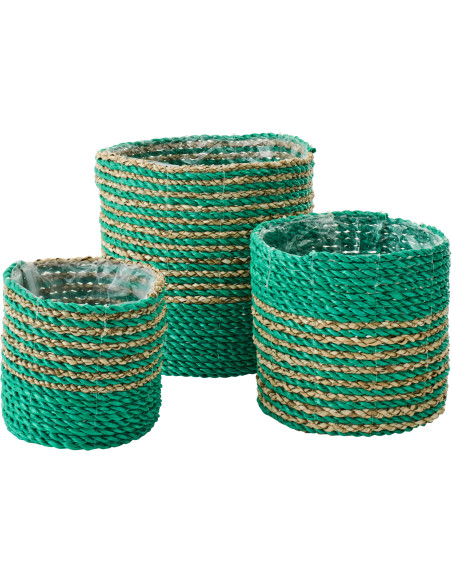 Lot de 3 Cache-pots bohème Raphia Vert foncé Naturel Tressé Motif lignes Jangala 