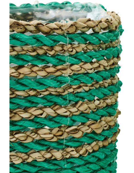 Lot de 3 Cache-pots bohème Raphia Vert foncé Naturel Tressé Motif lignes Jangala 