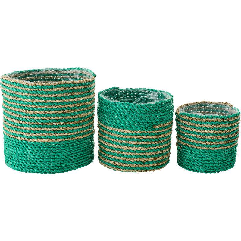 Lot de 3 Cache-pots bohème Raphia Vert foncé Naturel Tressé Motif lignes Jangala 