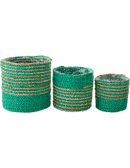 Lot de 3 Cache-pots bohème Raphia Vert foncé Naturel Tressé Motif lignes Jangala 