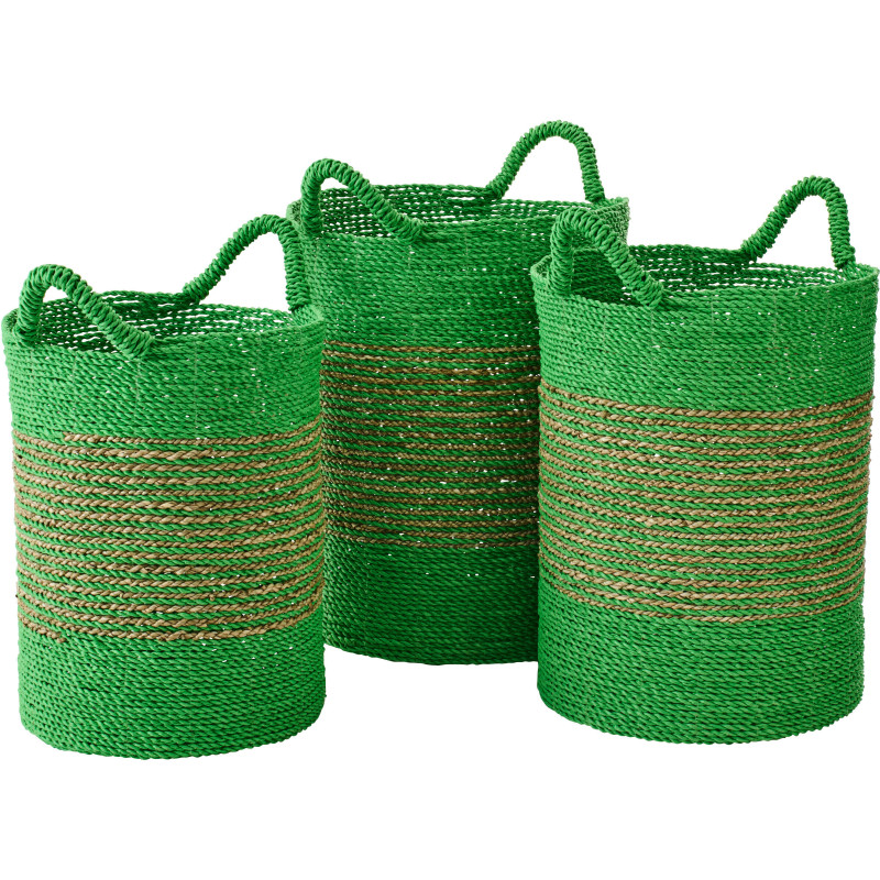 Lot de 3 Paniers de rangement bohème avec anses Raphia Vert Naturel Tressé Motif lignes Jangala 