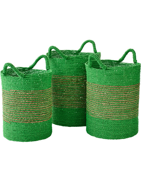 Lot de 3 Paniers de rangement bohème avec anses Raphia Vert Naturel Tressé Motif lignes Jangala 