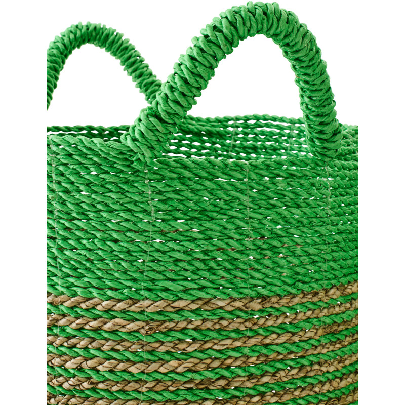 Lot de 3 Paniers de rangement bohème avec anses Raphia Vert Naturel Tressé Motif lignes Jangala 