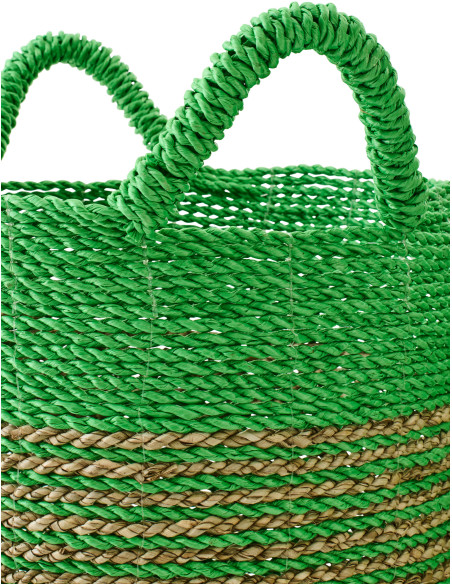 Lot de 3 Paniers de rangement bohème avec anses Raphia Vert Naturel Tressé Motif lignes Jangala 