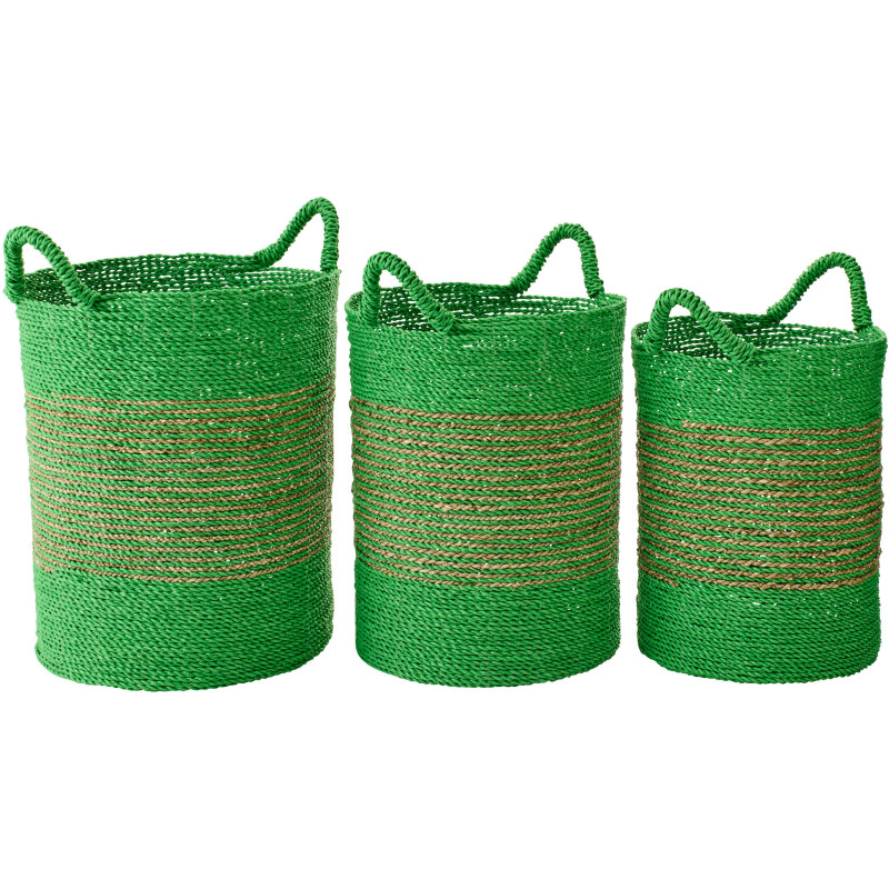 Lot de 3 Paniers de rangement bohème avec anses Raphia Vert Naturel Tressé Motif lignes Jangala 