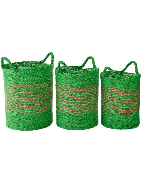 Lot de 3 Paniers de rangement bohème avec anses Raphia Vert Naturel Tressé Motif lignes Jangala 