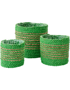Lot de 3 Cache-pots bohème Raphia Vert Naturel Tressé Motif lignes Jangala 