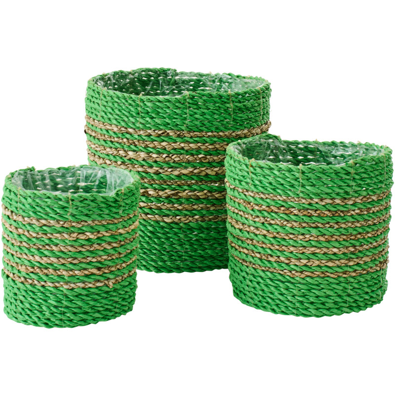 Lot de 3 Cache-pots bohème Raphia Vert Naturel Tressé Motif lignes Jangala 