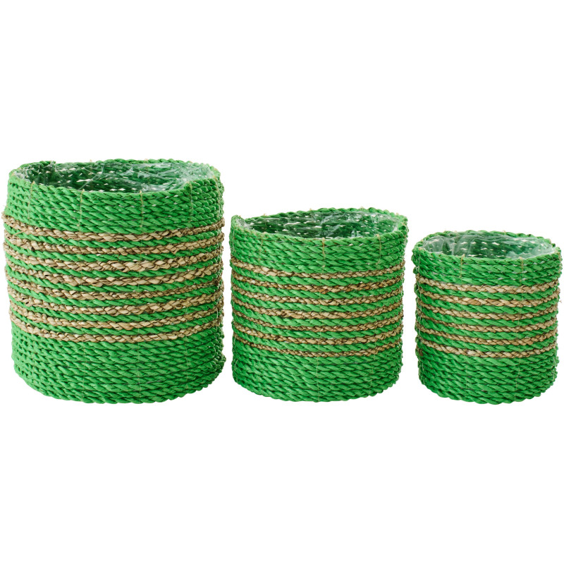 Lot de 3 Cache-pots bohème Raphia Vert Naturel Tressé Motif lignes Jangala 