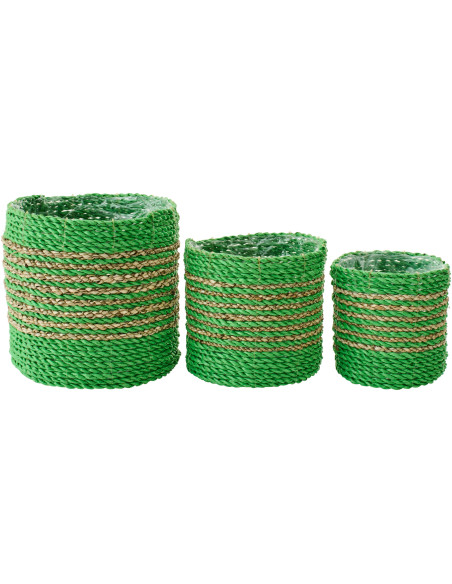 Lot de 3 Cache-pots bohème Raphia Vert Naturel Tressé Motif lignes Jangala 