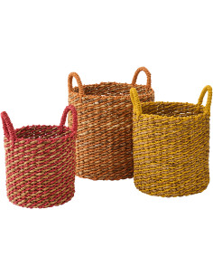 Lot de 3 Paniers de rangement ethniques avec anses Raphia Orange Jaune Rouge Tressé Kobana 