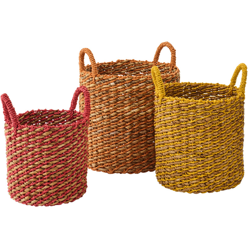 Lot de 3 Paniers de rangement ethniques avec anses Raphia Orange Jaune Rouge Tressé Kobana 