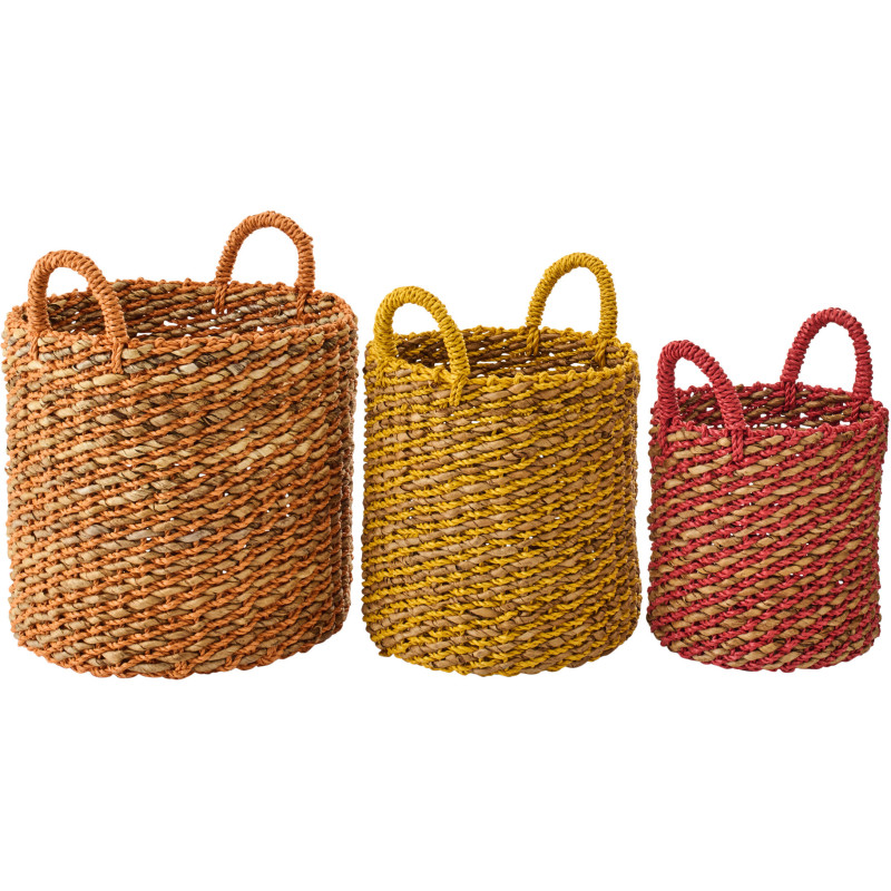 Lot de 3 Paniers de rangement ethniques avec anses Raphia Orange Jaune Rouge Tressé Kobana 