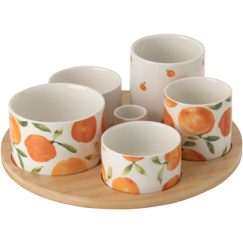 Set apéro 6 Bols style méditérrannée Céramique Blanc Orange Motif oranges Bambou Naturel Fruttia 