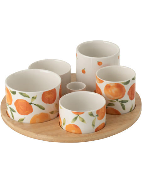 Set apéro 6 Bols style méditérrannée Céramique Blanc Orange Motif oranges Bambou Naturel Fruttia 