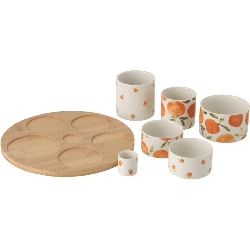 Set apéro 6 Bols style méditérrannée Céramique Blanc Orange Motif oranges Bambou Naturel Fruttia 