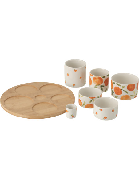 Set apéro 6 Bols style méditérrannée Céramique Blanc Orange Motif oranges Bambou Naturel Fruttia 